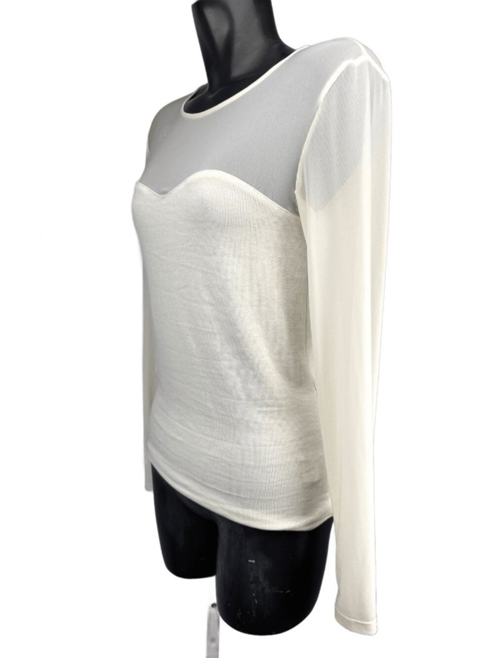 TRISTAN Stretch Knit‎ Sheer Mesh Lace Yoke Long Sleeve Top Ivory White Size L - Picture 4 of 9